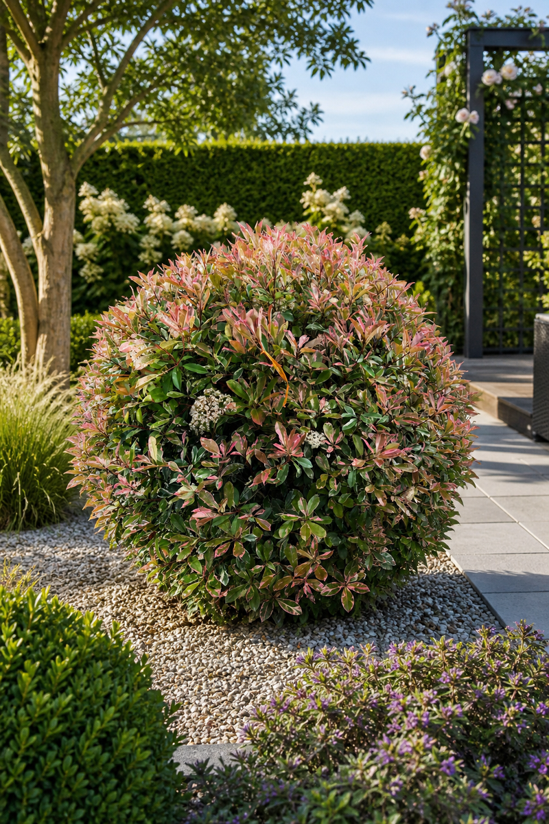 Photinia Pink Marble en boule
